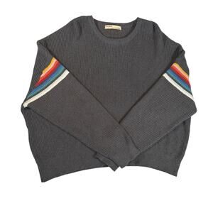 Pull & Bear women’s grey crew neck sweater. Rainbow stripe sleeves. Size M.